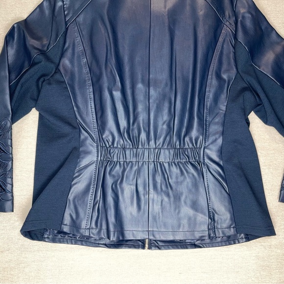 Christopher & Banks | Navy Zip-Up Faux Leather Floral Embroidered Jacket | PXL - Picture 8 of 13